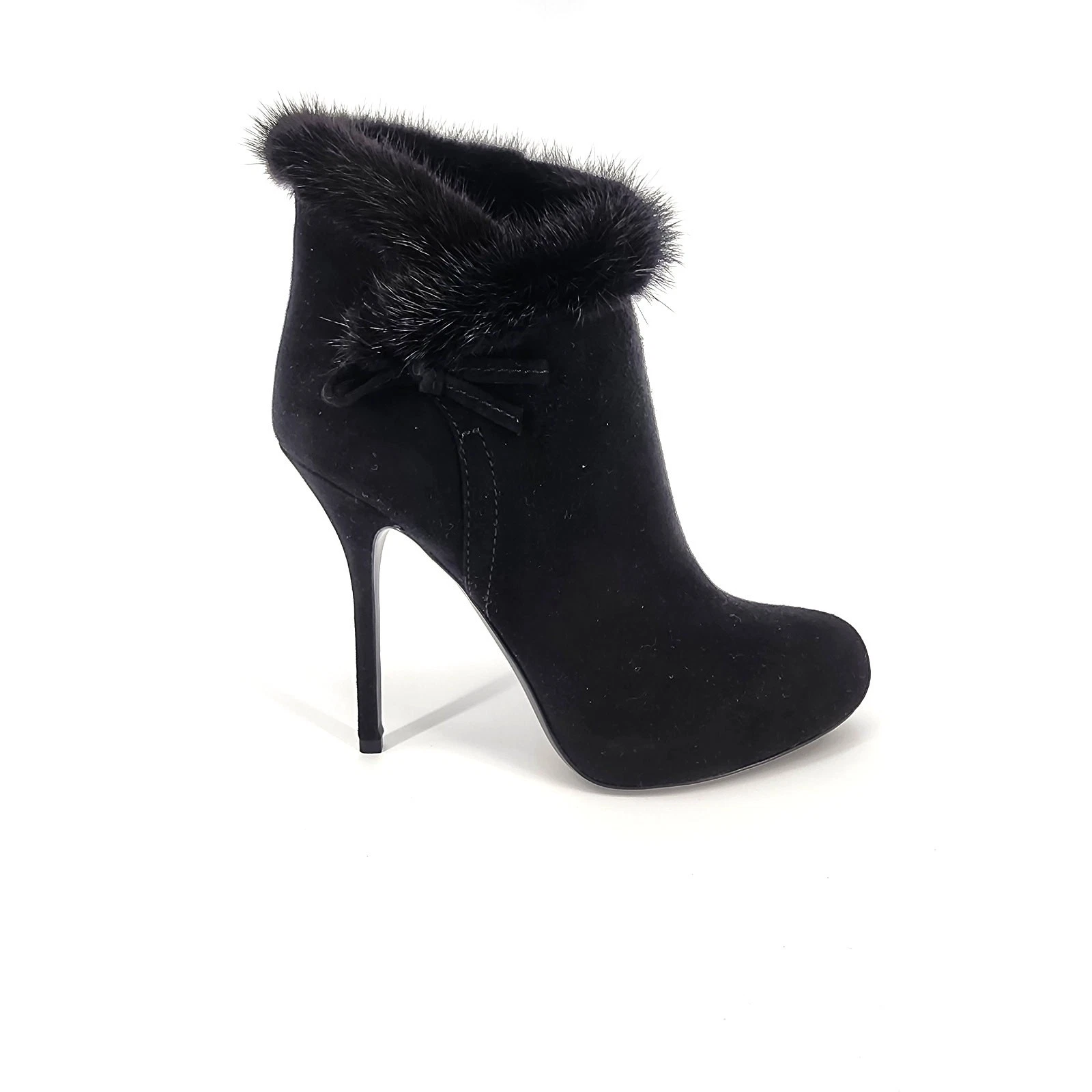 Bottines à talons aiguilles Christian Dior en daim noir bordure fourrure pointure 39