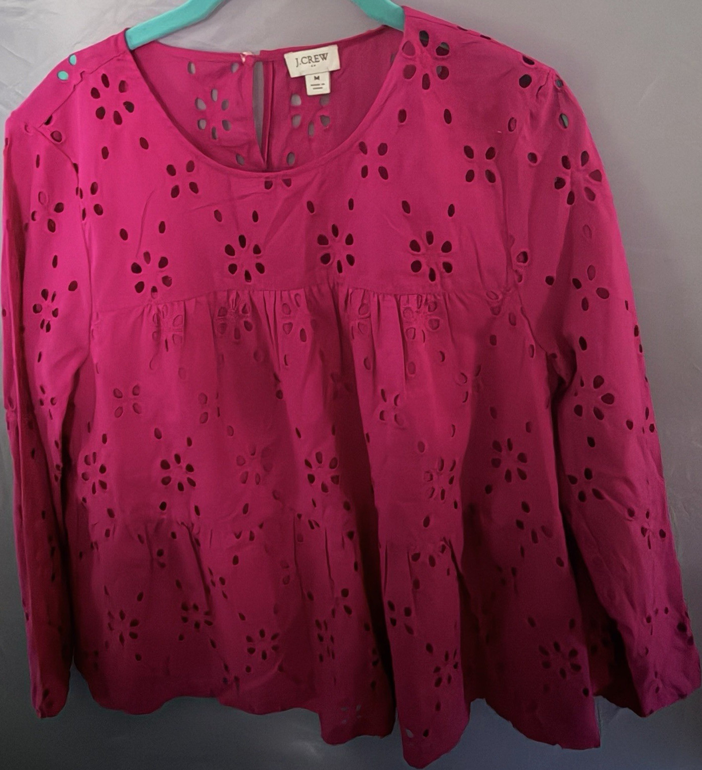 J.CREW Pink Eyelet Button Round Neck Long Sleeve Blouse Women's Regular M