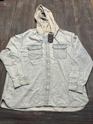 Levi's Hooded Classic Worker Shirt Men s XL Light Wash Denim Full Button New