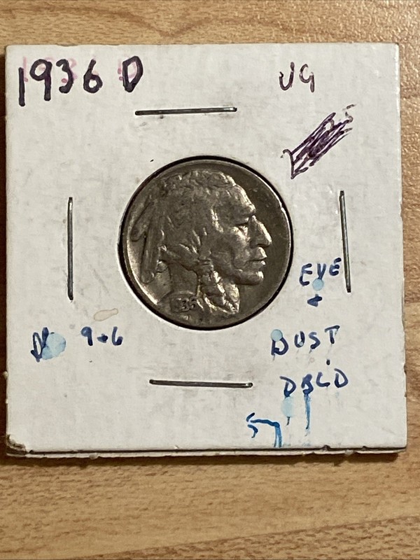 1936 D Buffalo Nickel (Indian Head) -Error Coin - Eye & Bust Doubled + 9 & 6