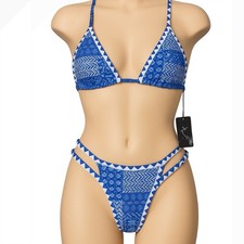 BIKINIX Blue White Patterned Triangle String Bikini Swimsuit Set Women's Size S