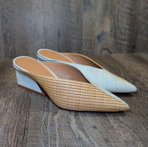 Mercedes Castillo Tayten Bi Color Croc Embossed Leather Mules White Tan Low Heel