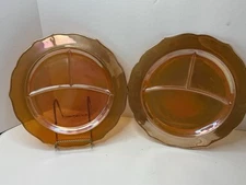 Set of 2 Normandie Federal Depression Marigold Carnival Glass Divided Plates