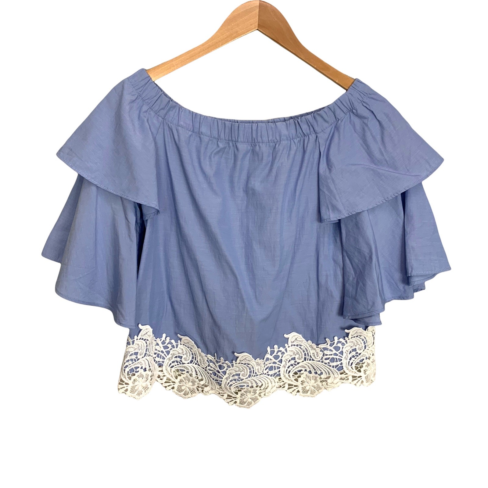 Zara Blue Poplin Tiered Bell Sleeve Crochet Lace Off Shoulder Blouse Top XS