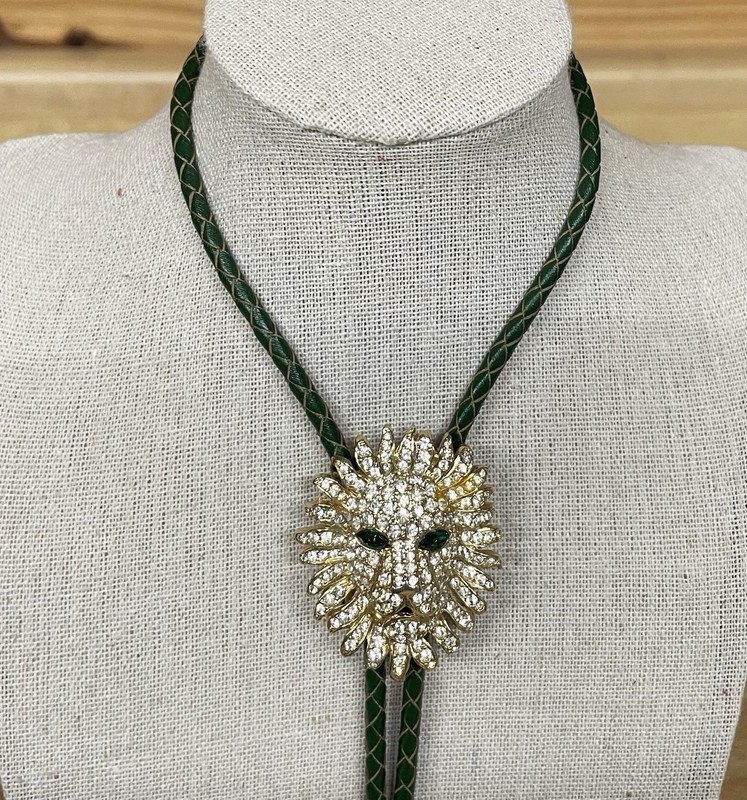 Bolo Tie - Gold Tone w Rhinestones LIONS HEAD Slide Leather Cord Zoo Wild Animal
