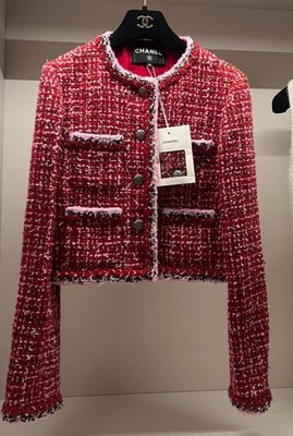 Chanel Women's Classic Red Tweed Jacket Elegant Luxury Designer