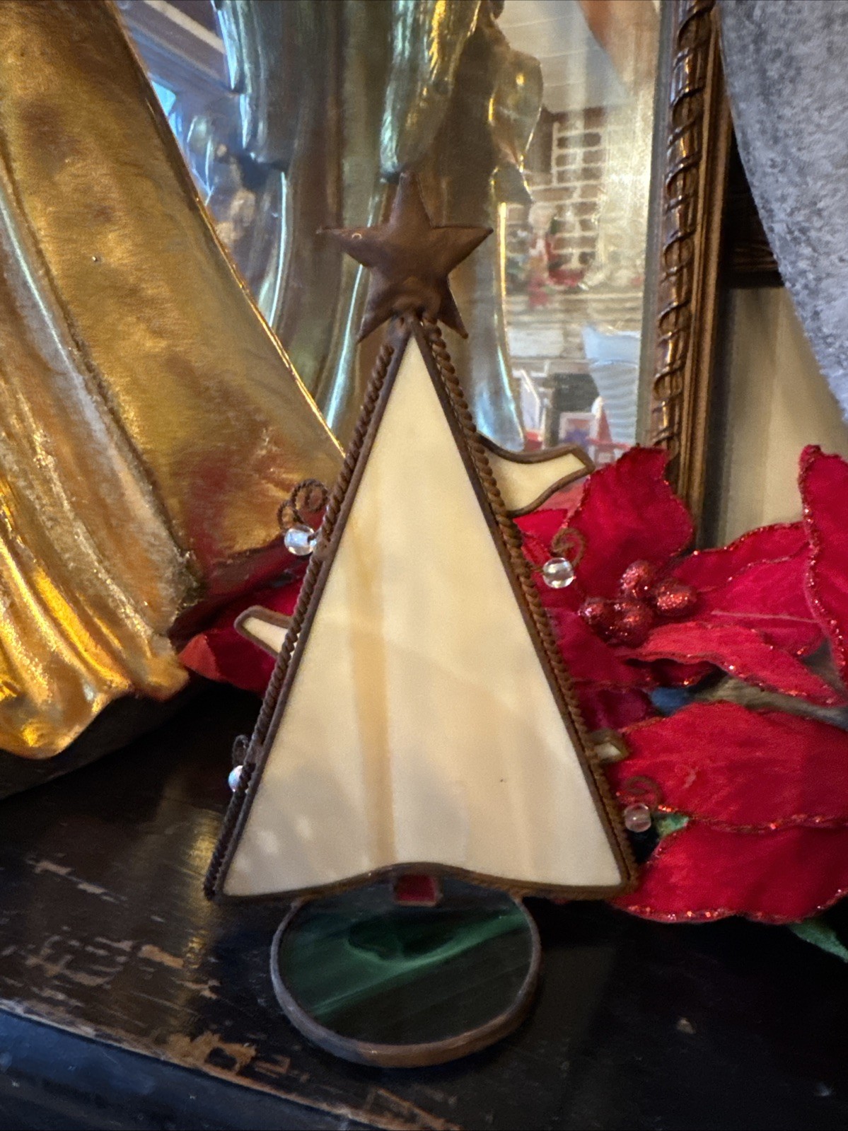 Vintage Stained Glass Christmas Tree Tea Light Candle Holder