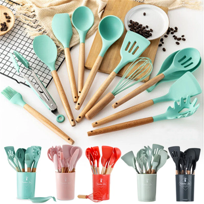 12pcs/set, Silicone Utensil Set, Kitchen Utensil Set, Safety Cooking  Utensils Set, Non-Stick Cooking Utensils Set With Wooden Handle, Washable  Modern