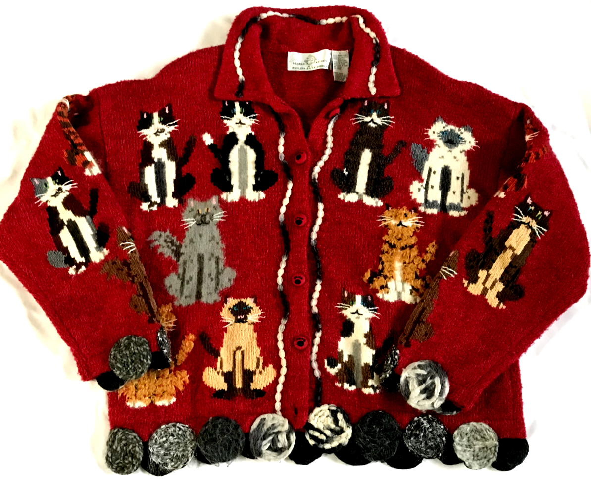 Philip & Jane Gordon Vintage RARE Wool Cat Cardigan Women L