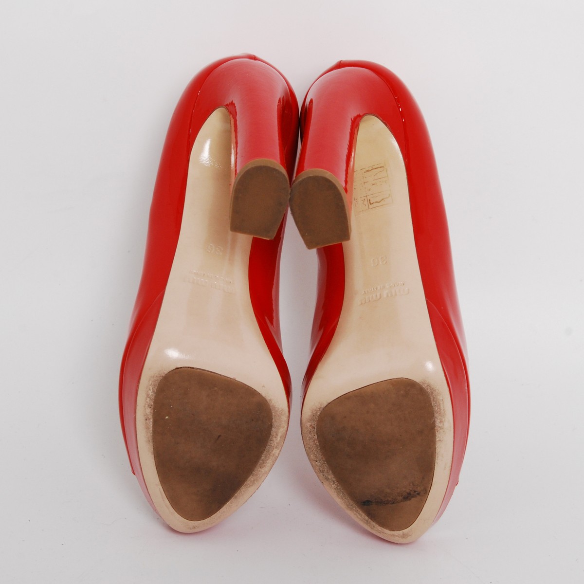 Miu Miu Women Red Pumps Patent Leather Peep Toe Block High