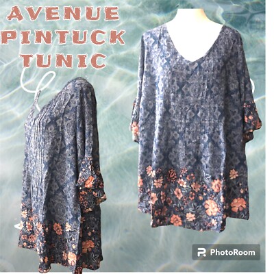 AVENUE Top Peasant Plus Size 18 Abby Tunic V-Neck Blues Bird Boho Ruffle Trim