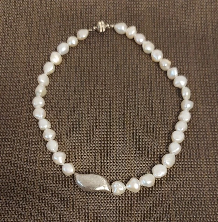 Handmade Perlenkette mit schrägen Silberstück Unikat L: 46 cm Natur Perlen Kette - Bild 4 von 4