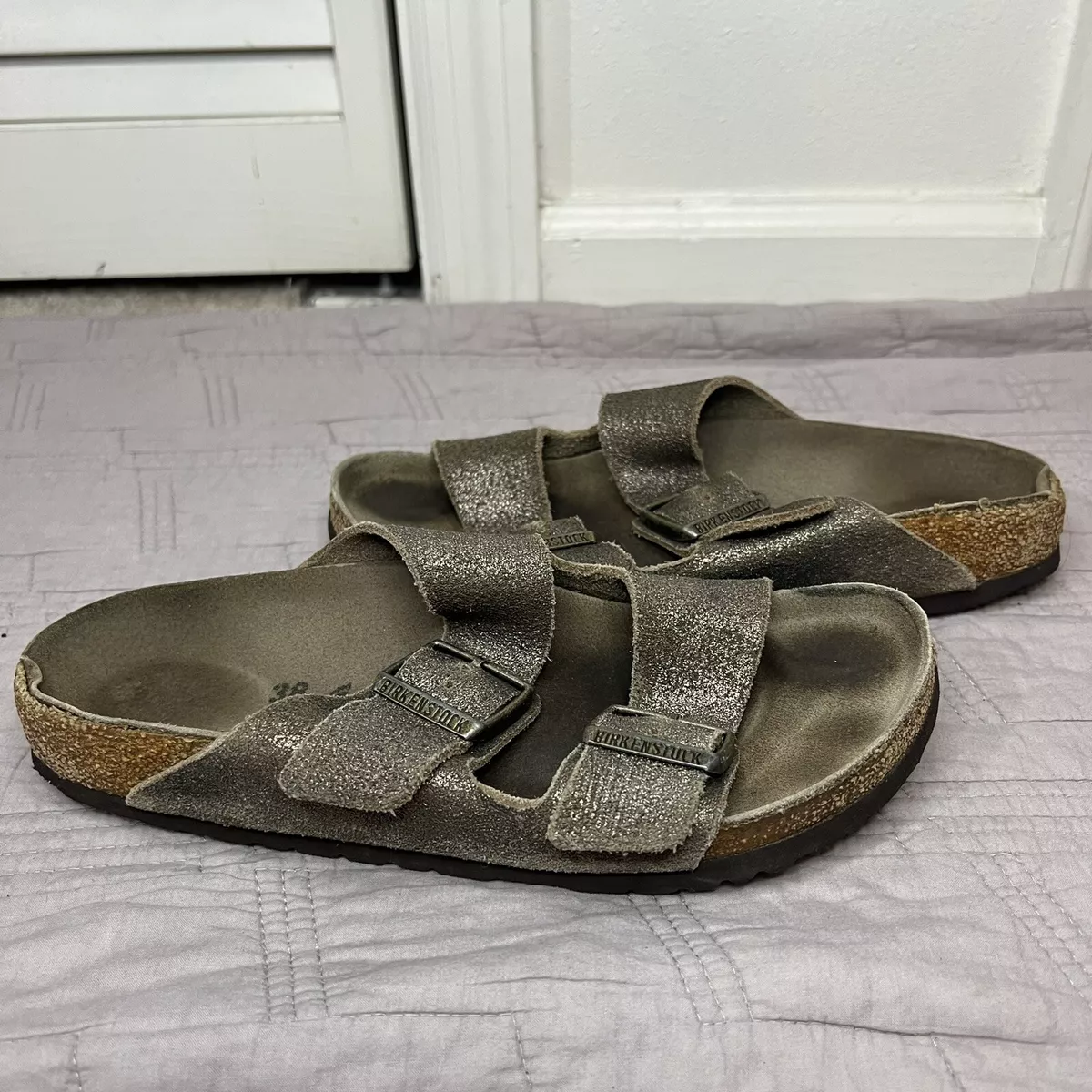 Birkenstock Arizona Style Two Buckle Size 38 Glitter Gold Leather