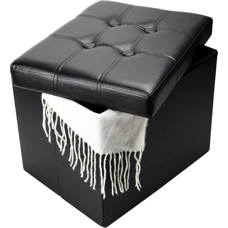 Storage Ottoman Folding Foot Stool W/ Thicker Foam Padded Seat Small Leather New - Image 2 of 4