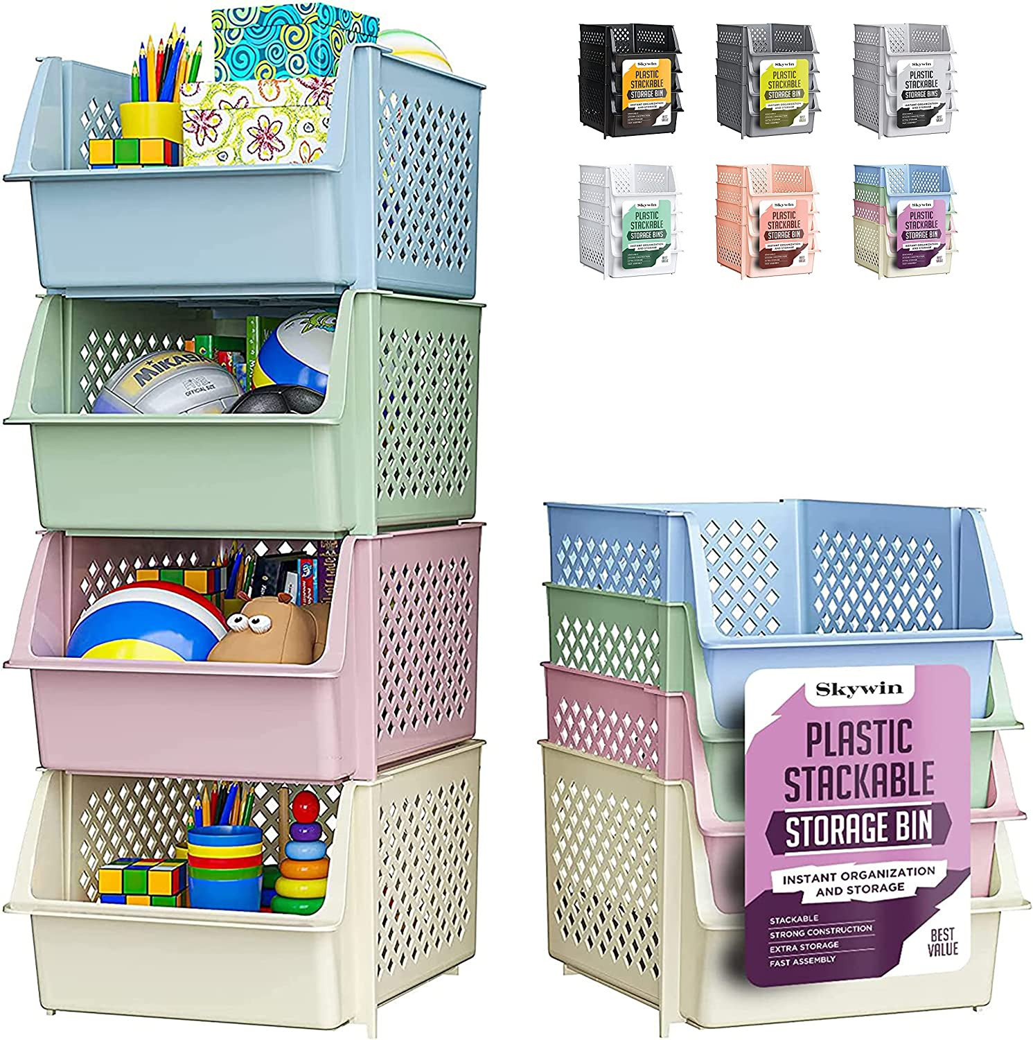 Skywin Stackable Storage Bins 4Pack MultiColored Food,Kitchen,Bathroom Organizer