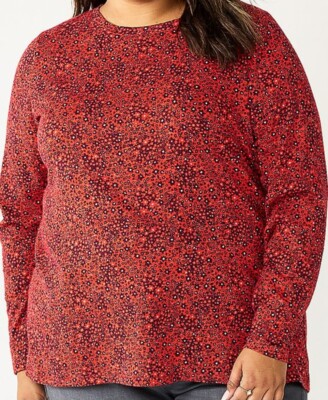 Sonoma long-sleeved crew shirt NWT womens plus 1X red ditsy floral