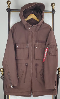 ALPHA INDUSTRIES Size Large Mens Hooded M-65 Flight Jacket Brown Cotton Full Zip