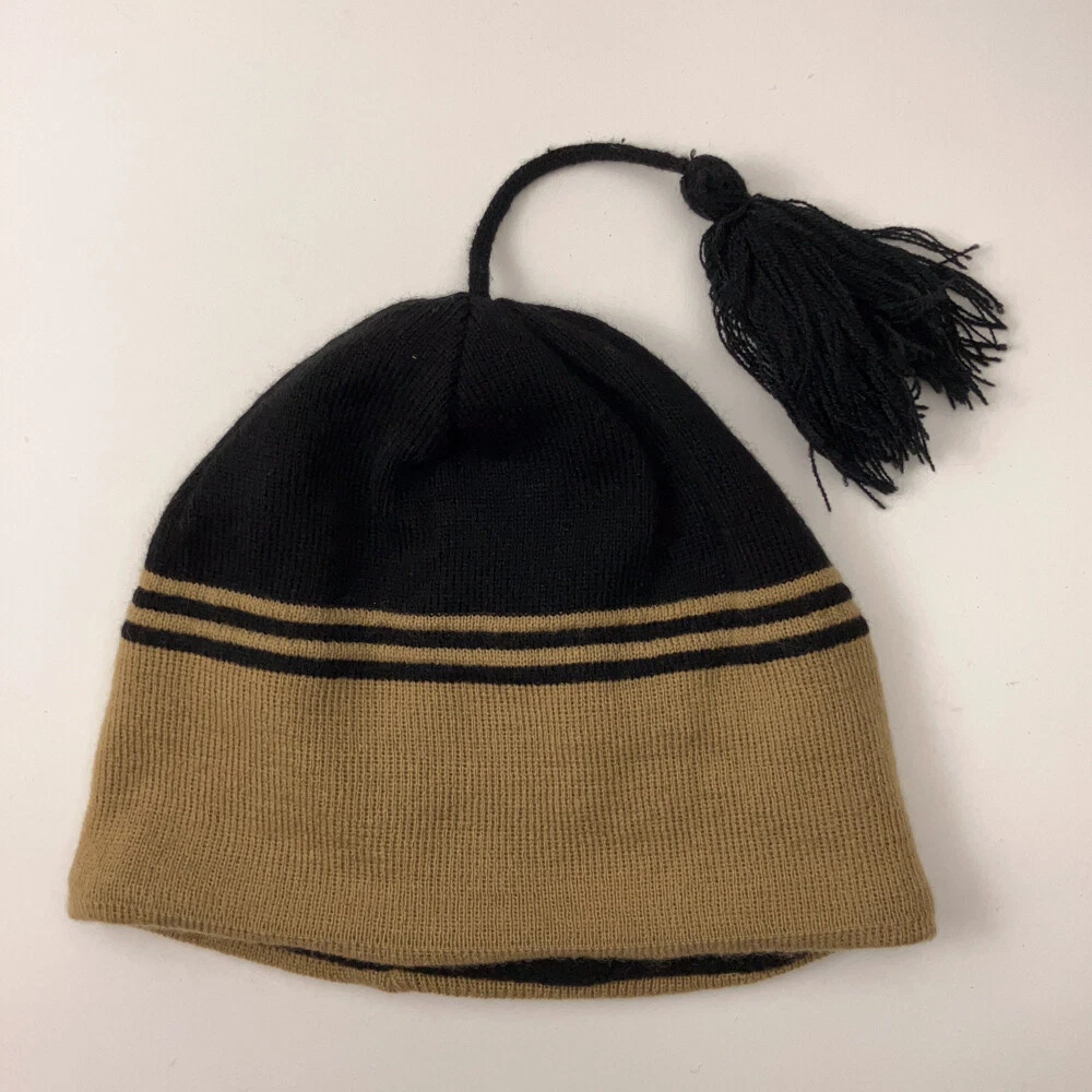 Wool blend black tan winter ski hat tassel