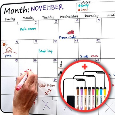 Large Dry-Erase Magnetic Monthly Calendar + Bonus: 3 Grocery/to-Do List White...