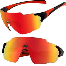Sport Shield Sunglasses with Red Frame and Polarized Rainbow Lens