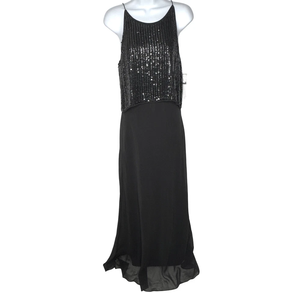 Vestido Aidan Mattox Talla 10 Negro Lentejuelas Corpiño Sin Mangas Pop Over Vestido Formal Foto 3 de 4