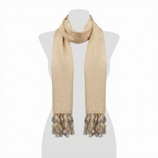 Classic Light Beige Faux Silk Oblong Scarf with Fringe Tassels.