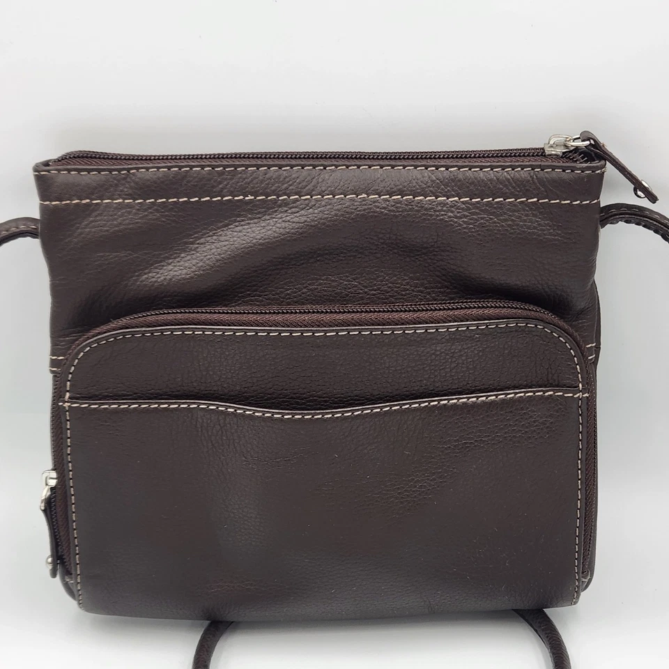 Bolso Bandolera Tignanello Marrón Oscuro Cuero Genuino Bolsillos con Cremallera Ajustable Foto 3 de 4