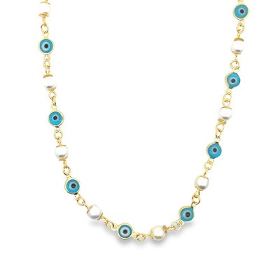Pearl Light Blue Evil Eye Link Necklace (G204)