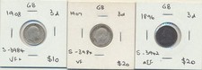 Great Britain: 1896 QV Silver 3d, 1907, 1908 King Edward VII Silver 3d (3 Coins)