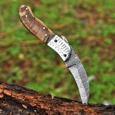 USA Pocket Knife Damascus Folding Karambit Blade Knife-Ram Horn Handle Hunting