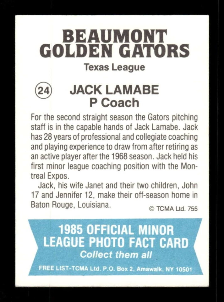 1985 TCMA Beaumont Golden Gators 24 Jack Lamabe Pitching Coach BXCP13 - Image 2 of 2