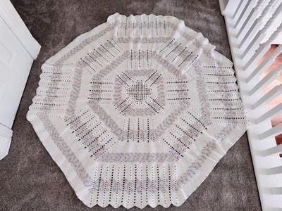 Vintage Handmade Crochet Baby Blanket Pastel Octagon White Throw Afghan 62X62