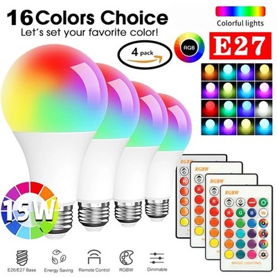 4Pack E27 15W RGB LED Light Bulb 16 Color Changing Lamp IR With Remote Control