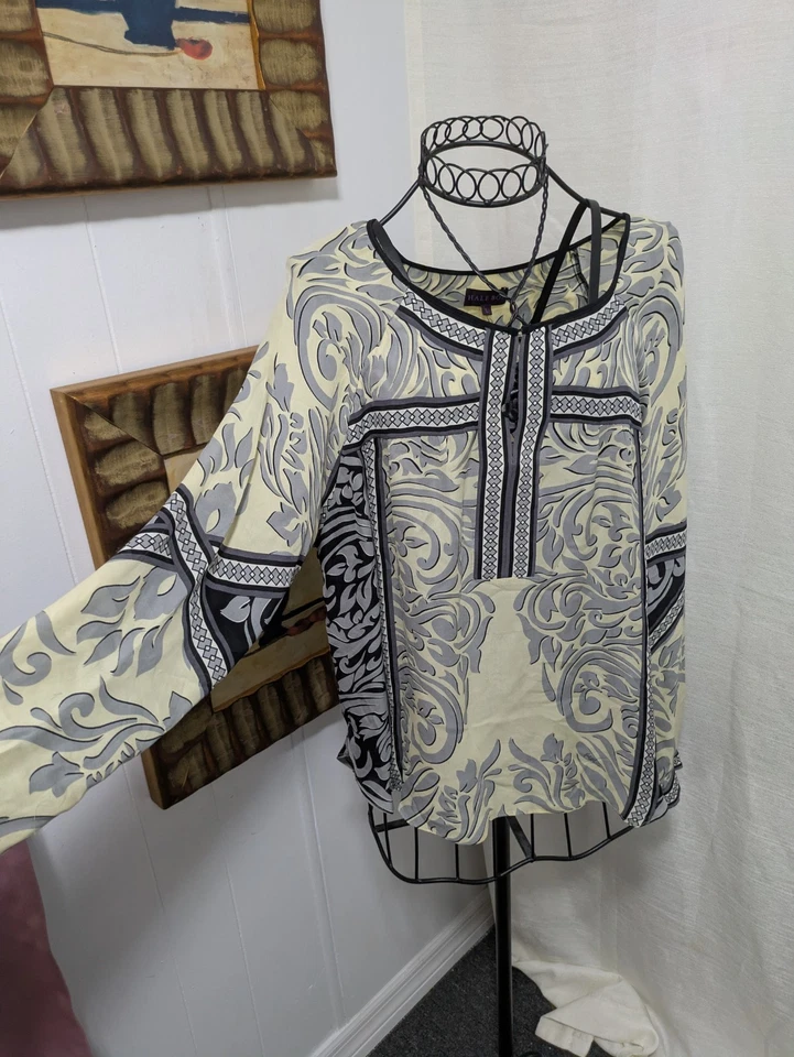Blusa de seda ornamentada gris amarilla manga larga Hale Bob para dama talla L Foto 2 de 4