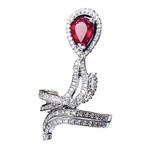 3.40ct 14K White Gold Natural Diamond & Pear Shape Ruby Full Finger Ring GIA