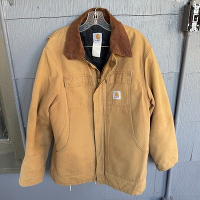 Vintage Carhartt Duck Cotton Chore Jacket 44 Large Brown Quilted Distressed