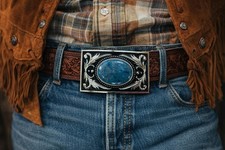 Large Blue Stone Western Belt Buckle Silver Cowboy Concho Turquoise 1.5" Strap