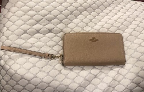 Coach Beige Zip-Around Wristlet Wallet w/ Wrist Strap, Logo, Credit Card Fold