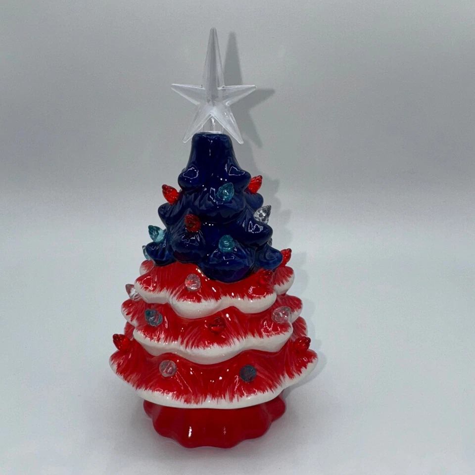 Ceramic Light Up Patriotic Christmas Star Spangled LED Tree Tabletop Decor USA - Image 4 of 4