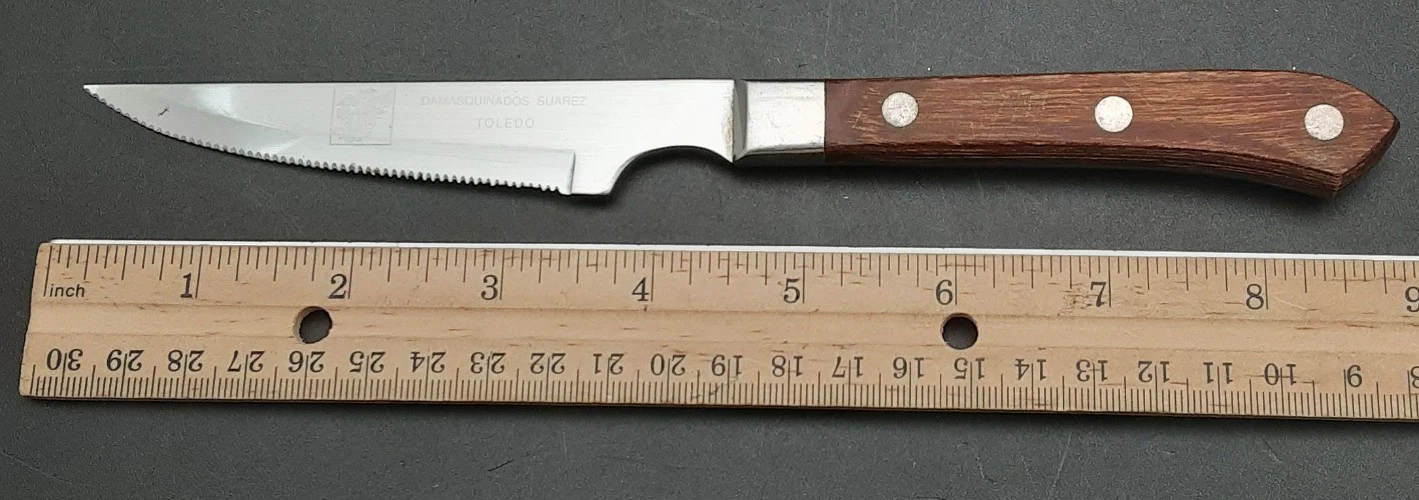 9” DAMASQUINADOS Suarez Toledo Spain Serrated Kitchen Knife w/Wooden Handle