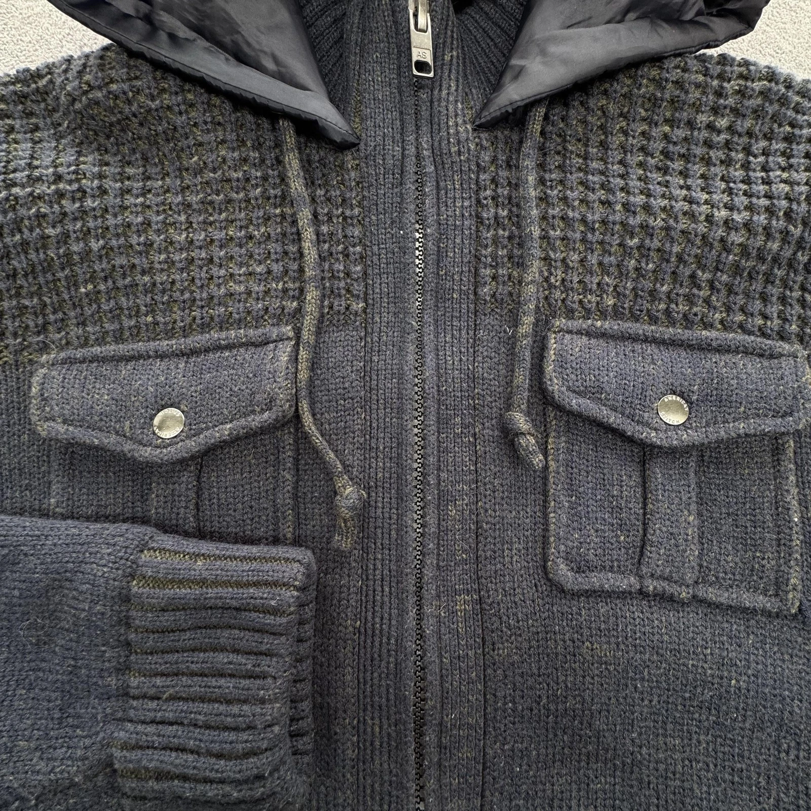 American Stitch Jacket Mens L Blue Bomber Hooded Lined Full Zip Pockets