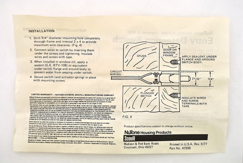 NuTone S-2260 Entry Detection Plunger Switch, .25Amp-250 V, .75Amp-125Volt - Picture 7 of 7