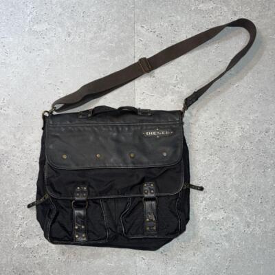 Diesel Men Old Leather Nylon Messenger Bag Black 32x35x10cm