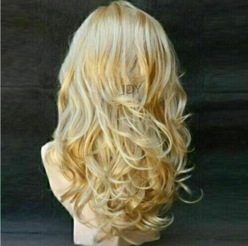 Damen Gewellt Volle Perück Ombre Gold Langhaarperücke Blond Wig Gelockt Echthaar - Bild 1 von 4
