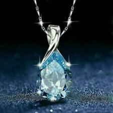 2.10Ct Pear Cut Aquamarine Teardrop Pendant 14K White Gold Finish 18" Free Chain