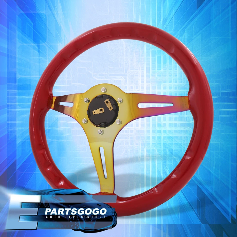 Universal JDM 350mm 14inch Red Wood Neo Chrome Steel Deep Dish Steering Wheel Foto 4 de 4