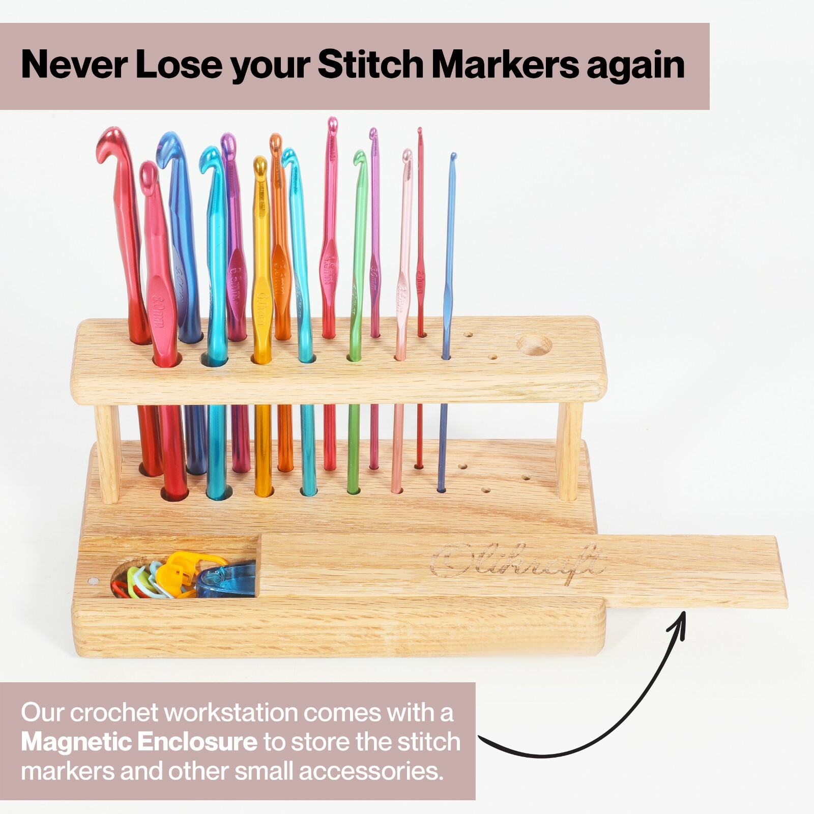 Wooden Crochet Hook Holder with 14 Standard Grip Crochet Hooks and