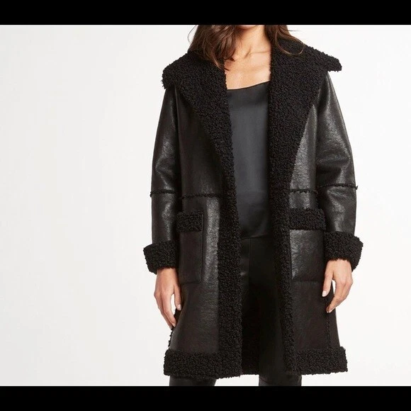 Elie Tahari Women Black Open-Front Faux-Shearling Sherpa-Trim Coat Jacket M - Image 2 of 4