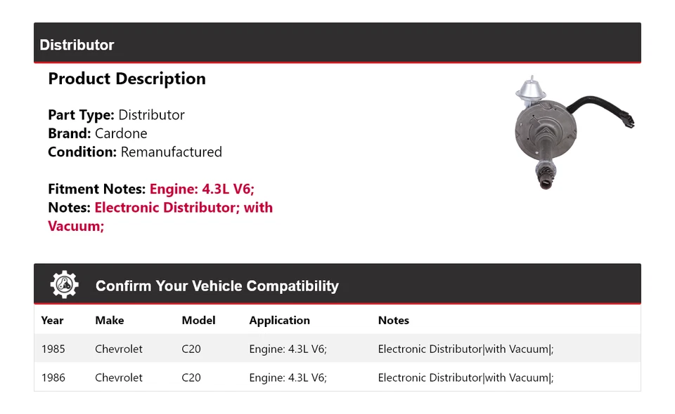 Para Chevrolet C20 1985-1986 4,3 L V6 distribuidor Cardone Foto 2 de 3