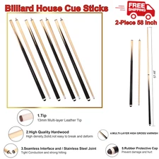 Pool Cues Set Of 4 Billiard House Cue Sticks 58" 2 Piece Bar Billiards Hardwood